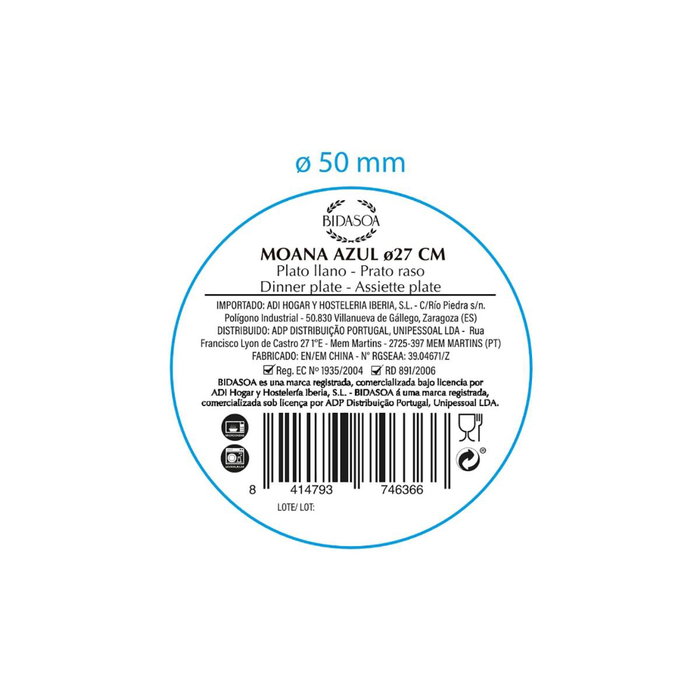 Bidasoa Plat Rond Moana 26 cm Céramique Bleu Relief Micro-ondes Lave-vaisselle