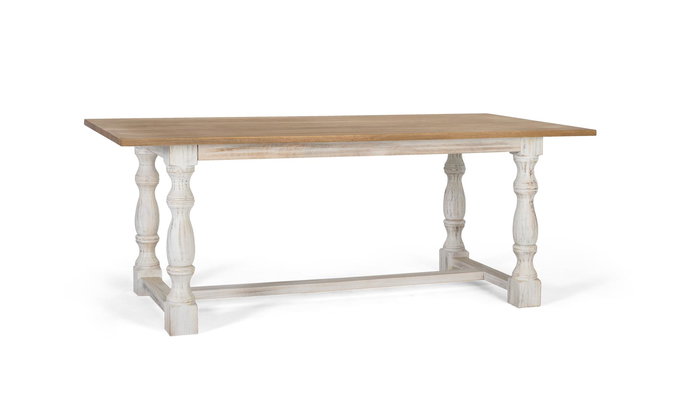 GINER Y COLOMER Table de salle à manger rectangulaire en bois de manguier naturel avec pieds tournés blanc vieilli 200 cm