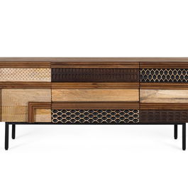 GINER Y COLOMER Meuble TV Texturiza2 - Buffet en bois de manguier avec décor géométrique, 2 portes et 3 tiroirs - Marron