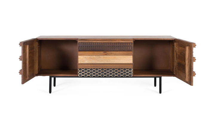 GINER Y COLOMER Meuble TV Texturiza2 - Buffet en bois de manguier avec décor géométrique, 2 portes et 3 tiroirs - Marron