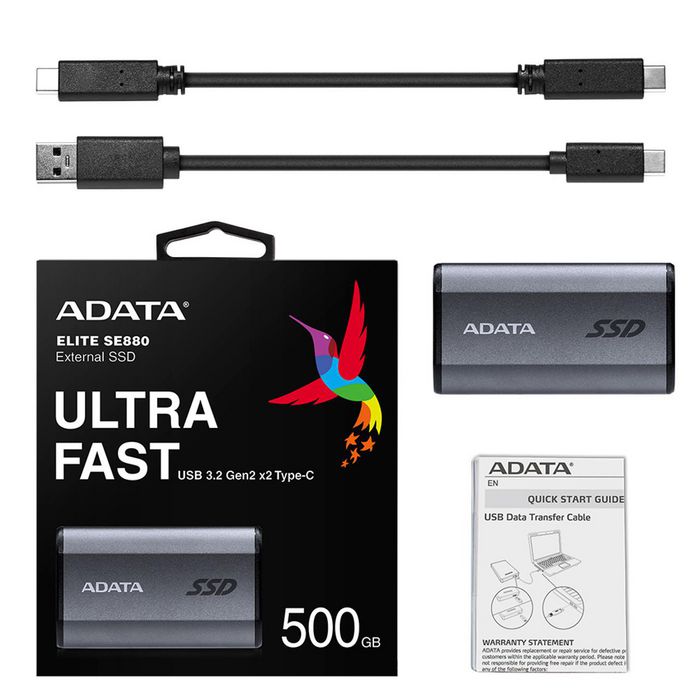 ADATA Elite SE880 SSD externe portable 500 Go USB-C 3.2 Gen2 x2 jusqu'à 2000 MB/s, gris titane