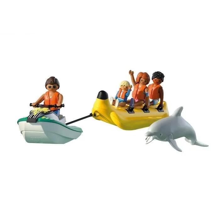 Playmobil 71905 Scooter des Mers avec Banane Tractée, 4 Personnages et Dauphin - Set de 22 Pièces My Life Vacances à la Plage, Jouet pour Enfants dès 4 Ans