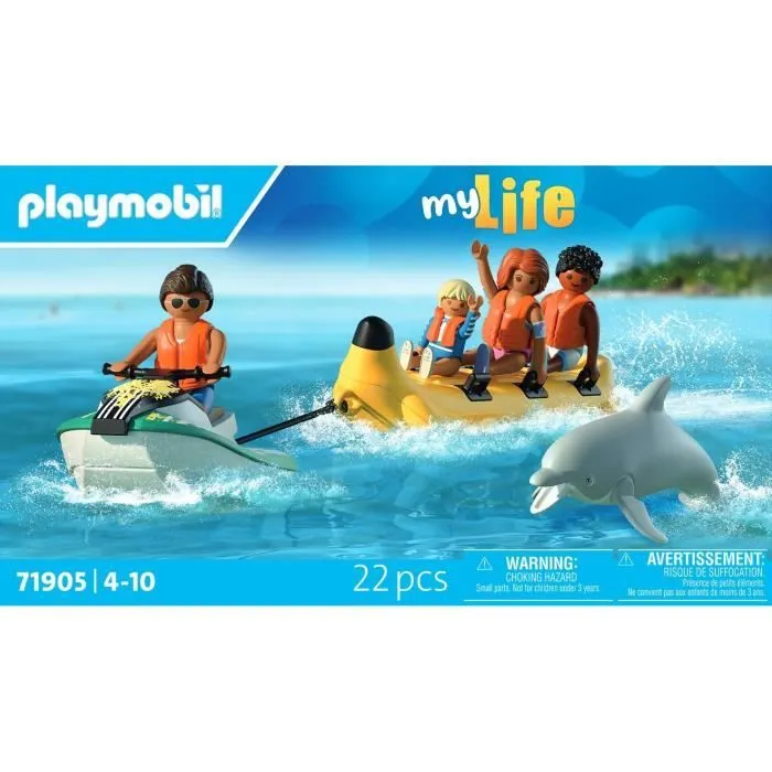 Playmobil 71905 Scooter des Mers avec Banane Tractée, 4 Personnages et Dauphin - Set de 22 Pièces My Life Vacances à la Plage, Jouet pour Enfants dès 4 Ans
