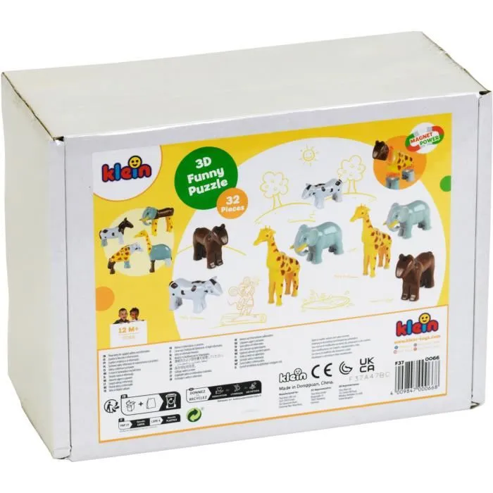 Klein 0066 Animaux magnétiques Funny Puzzle - 8 grands animaux (Cheval, Vache, Girafe, Éléphant) - 32 pièces interchangeables - Jeu de construction magnétique dès 12 mois