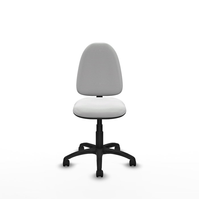 Chaise de bureau Aýna avec mécanisme de contact permanent de base, revêtue de tissu blanc. Équipée d'une base en polyamide noir, sans accoudoirs et de roulettes en nylon de 50 mm.