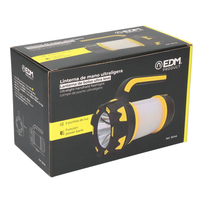 Edm Lampe torche LED rechargeable ultra légère 4W+2W 180lm/60lm/350lm/100lm avec batterie lithium 2x1500mAh IP44 Micro USB Powerbank