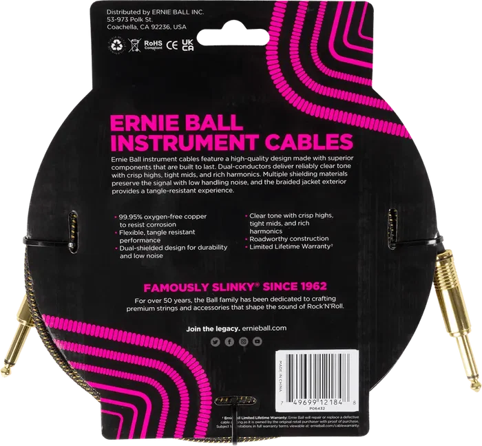 Ernie Ball Pay Dirt Câble Instrument Tressé Jack-Jack 5,5 m - Haute Fidélité