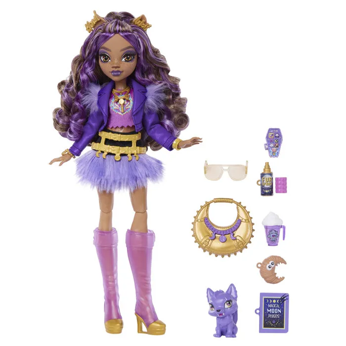 Monster High JHK30 - Poupée Clawdeen avec 7 Accessoires - Jupe Acrylique, Blouson Violet et Chaussures Dorées