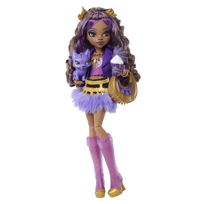 Monster High JHK30 - Poupée Clawdeen avec 7 Accessoires - Jupe Acrylique, Blouson Violet et Chaussures Dorées