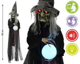 Décoration Halloween - Figure suspendue sorcière 183 cm avec chapeau, boule lumineuse, yeux brillants et son, pour événements et vitrines