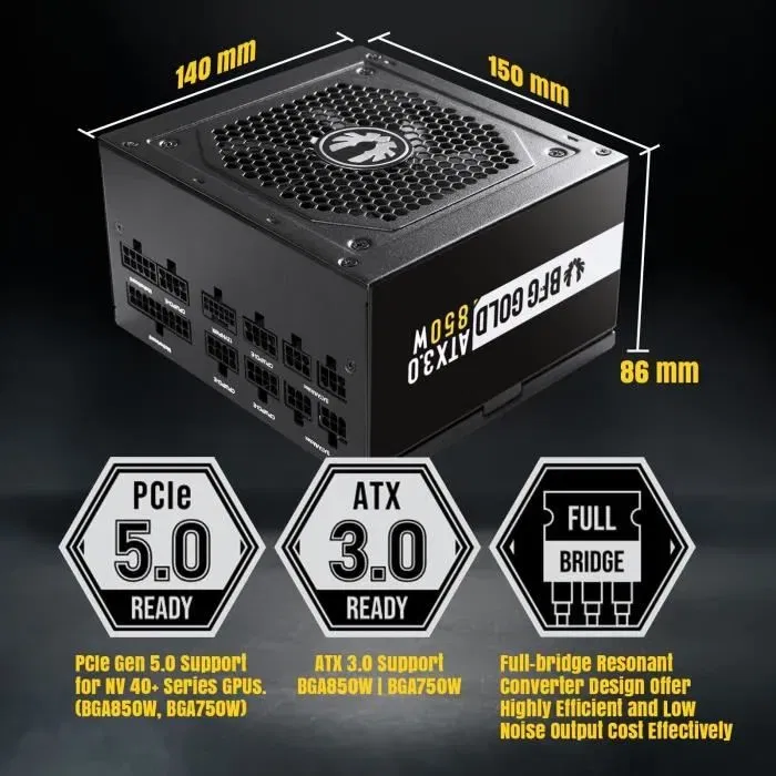 Bitfenix BFG 850W Alimentation PC ATX 3.0 80+ Gold Modulaire - 850W Ventilateur 120 mm Silencieux, Noir