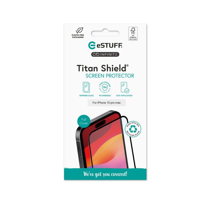 eSTUFF INFINITE Titan Shield® Protection d'écran en verre trempé 9H recyclé pour iPhone 15 Pro Max - Écologique, anti-chocs et anti-rayures avec kit de nettoyage