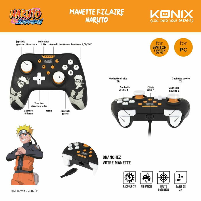 Konix Manette Naruto Noir - Filaire pour Nintendo Switch, Switch 2 et PC