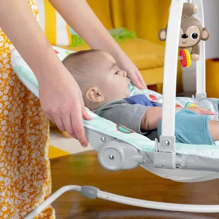 Bright Starts Transat bébé évolutif Arc-en-Ciel avec vibrations apaisantes, 2 positions inclinaison, arc d'activités, housse lavable, jusqu'à 18 kg (0 à 36 mois)
