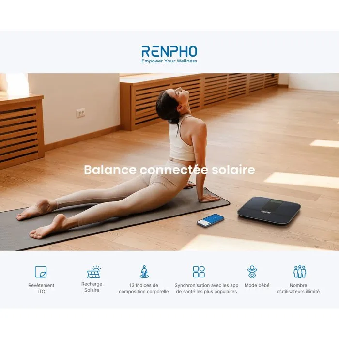 Renpho Elis Solar 2 A020 Pèse-personne connecté Bluetooth Recharge solaire Noir