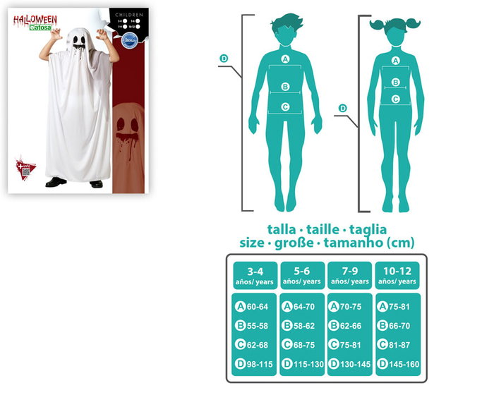 Disfraz Fantasma Blanc avec Capuche - Déguisement Enfant Halloween pour Garçon 10-12 Ans (Taille 10-12 ans) - Polyester