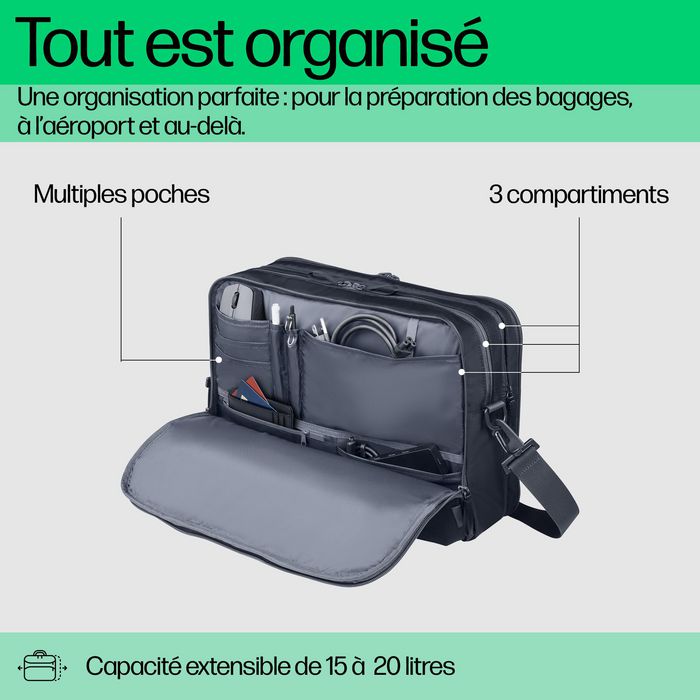 HP Travel Plus Sacoche Ordinateur Portable 14 Pouces, 15-20 L, Polyester Recyclé, Compartiment Rembourré, Poche Antivol RFID, 180° Ouverture