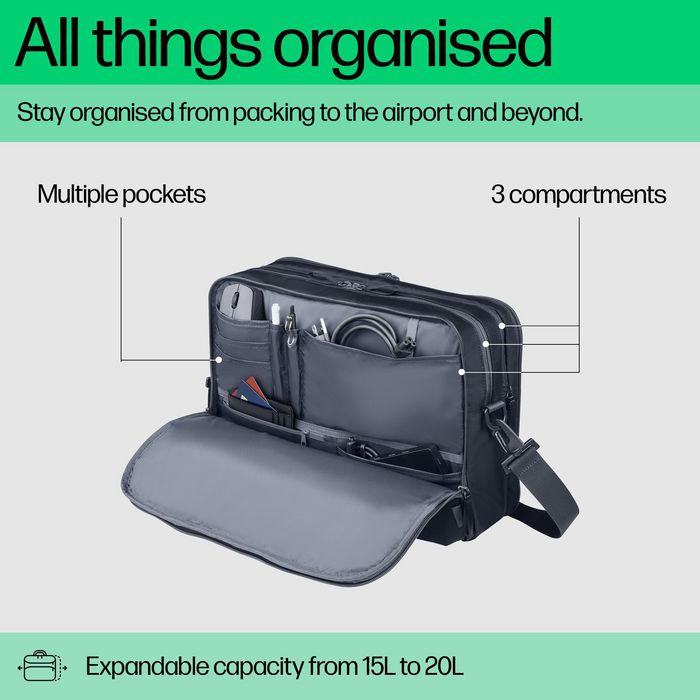 HP Travel Plus Sacoche Ordinateur Portable 14 Pouces, 15-20 L, Polyester Recyclé, Compartiment Rembourré, Poche Antivol RFID, 180° Ouverture