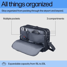 HP Travel Plus Sacoche Ordinateur Portable 14 Pouces, 15-20 L, Polyester Recyclé, Compartiment Rembourré, Poche Antivol RFID, 180° Ouverture