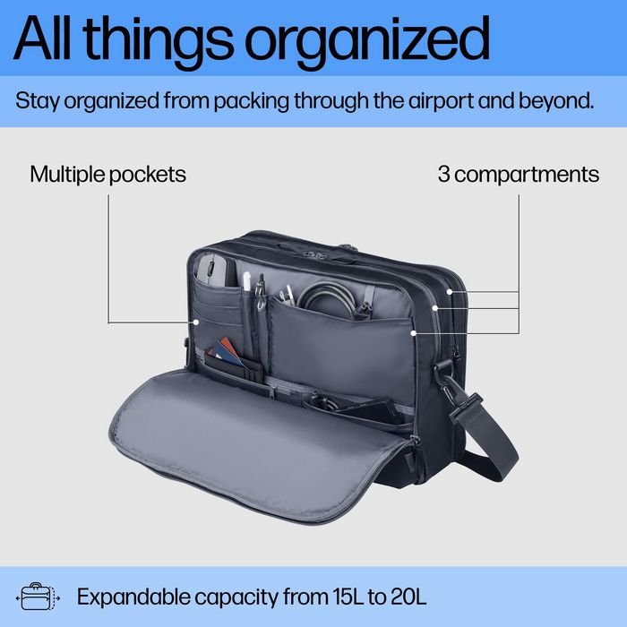 HP Travel Plus Sacoche Ordinateur Portable 14 Pouces, 15-20 L, Polyester Recyclé, Compartiment Rembourré, Poche Antivol RFID, 180° Ouverture
