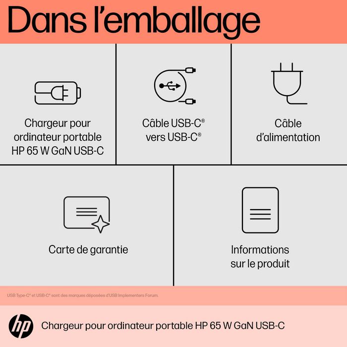 HP Chargeur portable USB-C GaN 65W double port compact avec technologie au nitrure de gallium et plastiques recyclés