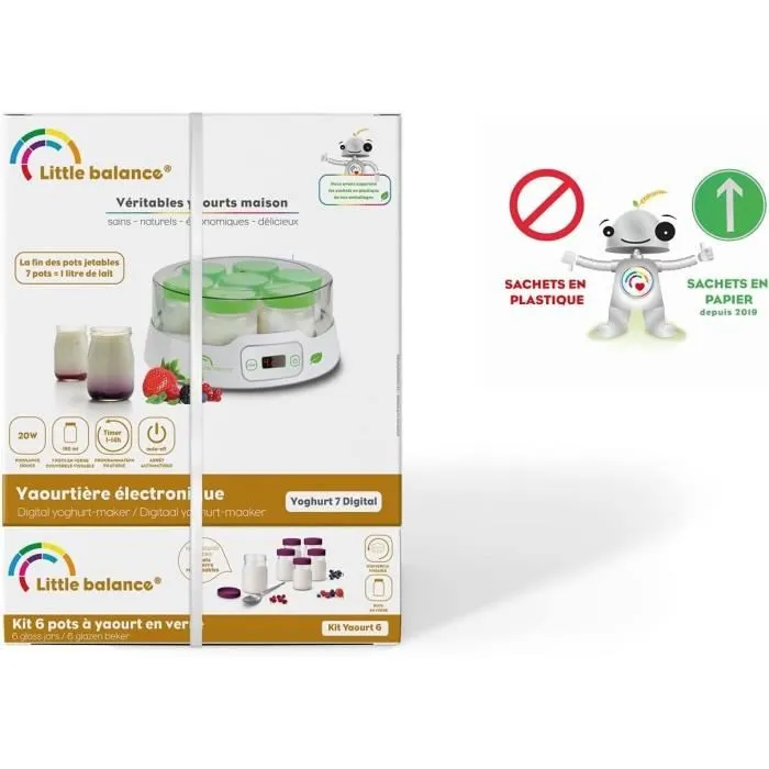 Little Balance Yaourtière - 13 pots en verre de 190 ml, capacité 7 pots, programmable jusqu'à 14h avec minuteur - 20W - Idéale pour yaourts et desserts maison