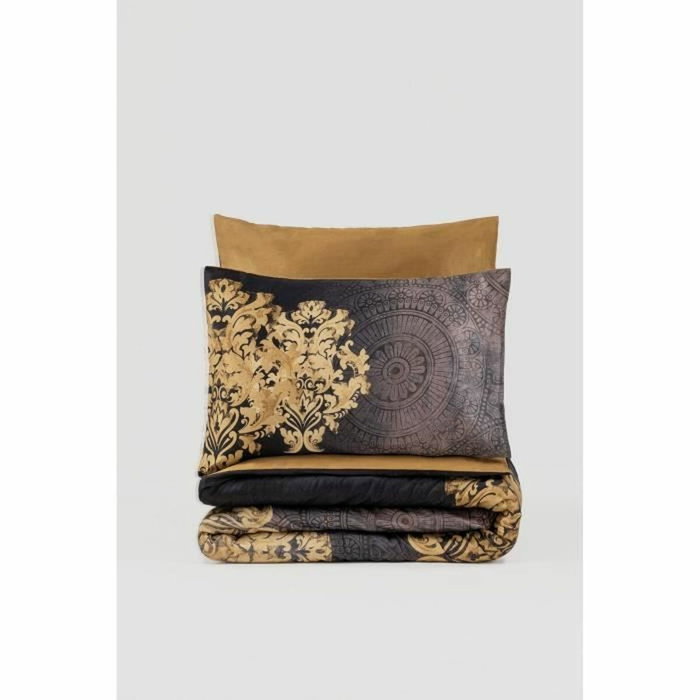 BigBuy Home Parure de lit Satin King Anthracite-Beige, 220 x 240 cm