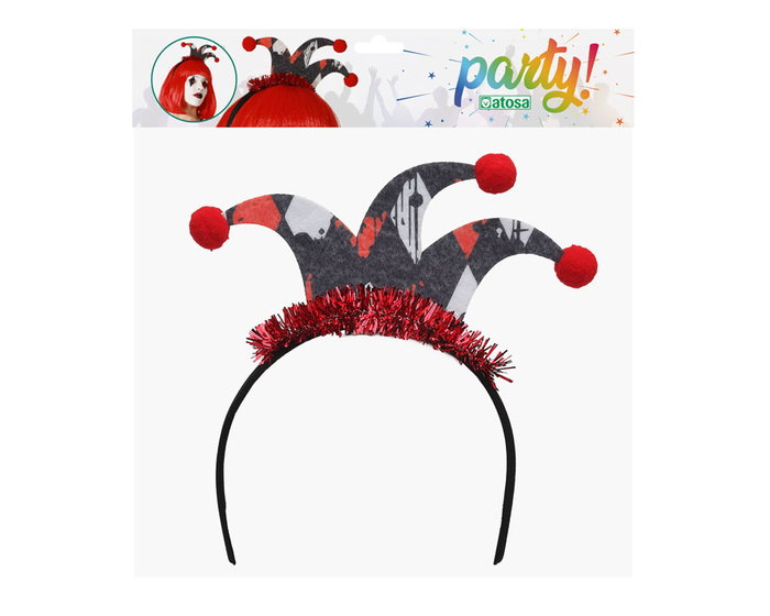 Diadème de déguisement Arlequin aux couleurs rouge et noir, avec cornes courbées et pompons, pour adulte - Accessoire pour fête, Halloween ou spectacle