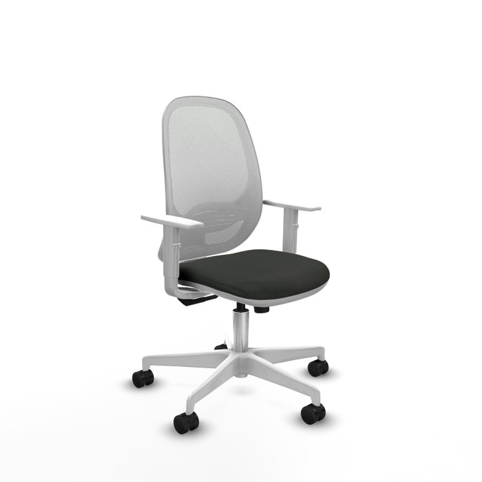 Chaise Cilanco Synchro 3 positions tissu Noir Maille Blanc Structure polyamide blanc Accoudoirs blancs Sans appui-tête Roulettes 65mm nylon