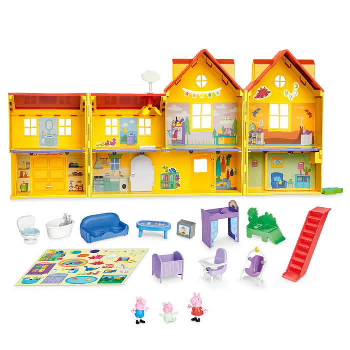 Hasbro Peppa Pig Maison Familiale Grande Maison de Jeu 2 Étagères 7 Pièces 80 cm avec Figurines Peppa, George et Bébé Evie - Jouet Enfant +3 Ans