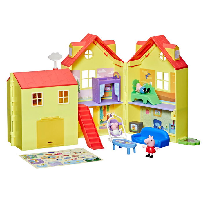 Hasbro Peppa Pig Maison Familiale Grande Maison de Jeu 2 Étagères 7 Pièces 80 cm avec Figurines Peppa, George et Bébé Evie - Jouet Enfant +3 Ans