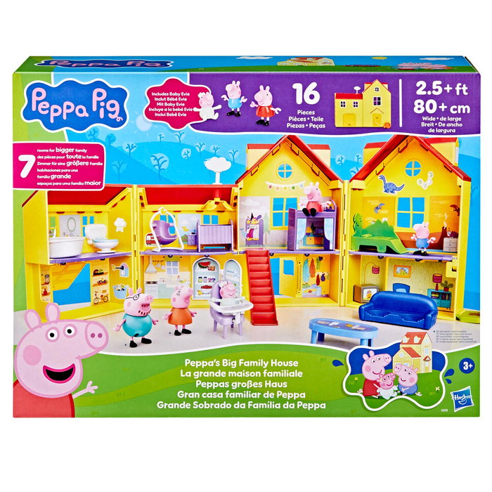 Hasbro Peppa Pig Maison Familiale Grande Maison de Jeu 2 Étagères 7 Pièces 80 cm avec Figurines Peppa, George et Bébé Evie - Jouet Enfant +3 Ans