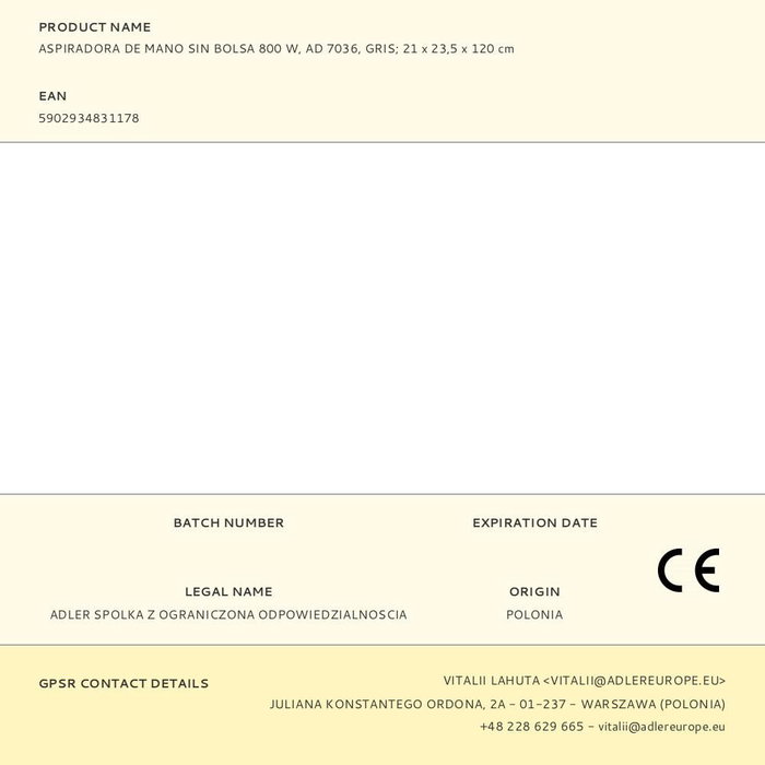 Adler AD 7036 Aspirateur balai sans fil 800W, sans sac, câble 5.5m, 3 têtes, capacité 1.5L, 220-240V Adler AD 7036 Aspirateur balai sans fil 800W, sans sac, câble 5.5m, 3 têtes, capacité 1.5L, 220-240V