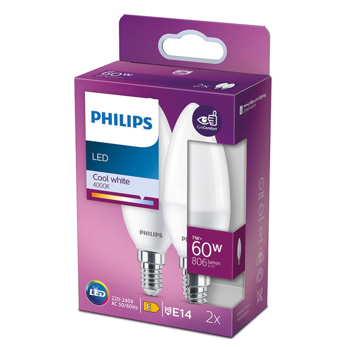 Ampoule Bougie Philips E 7 W E14 806 lm Ø 3,8 x 11,4 cm 2 Unités (4000 K)