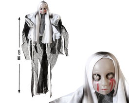Poupée effrayante avec robe blanche et détails sanglants de 80 cm pour Halloween et décoration