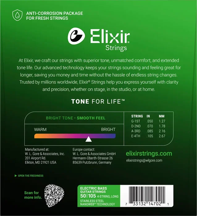 Elixir Juego Bajo Nanoweb S.Steel M 50-105, cordes pour guitare