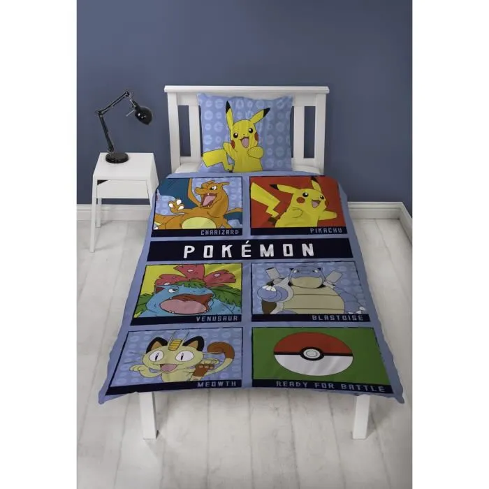Pokemon Parure de lit réversible Microfibre - Motif Battle - Housse de couette 140x200 cm avec taie d'oreiller 63x63 cm