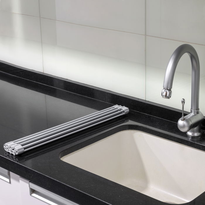 Emuca Egouttoir flexible et enroulable en silicone, acier et plastique, gris