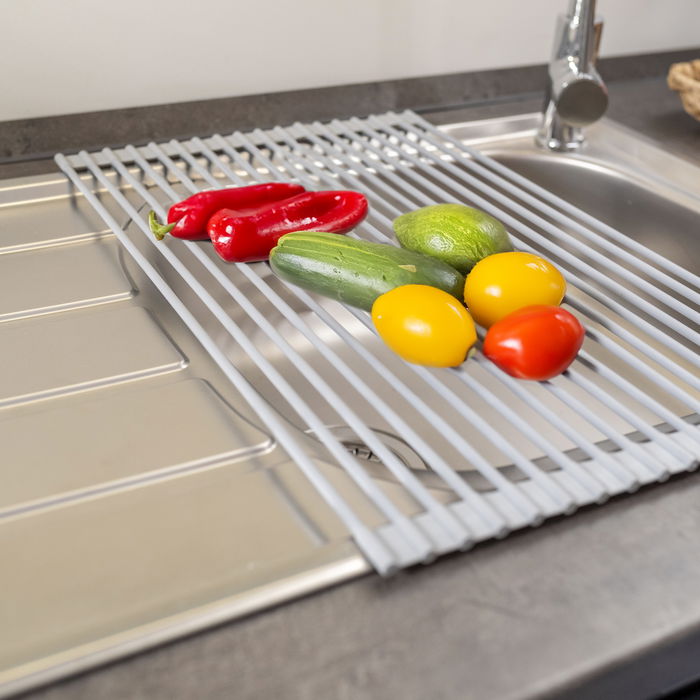 Emuca Egouttoir flexible et enroulable en silicone, acier et plastique, gris