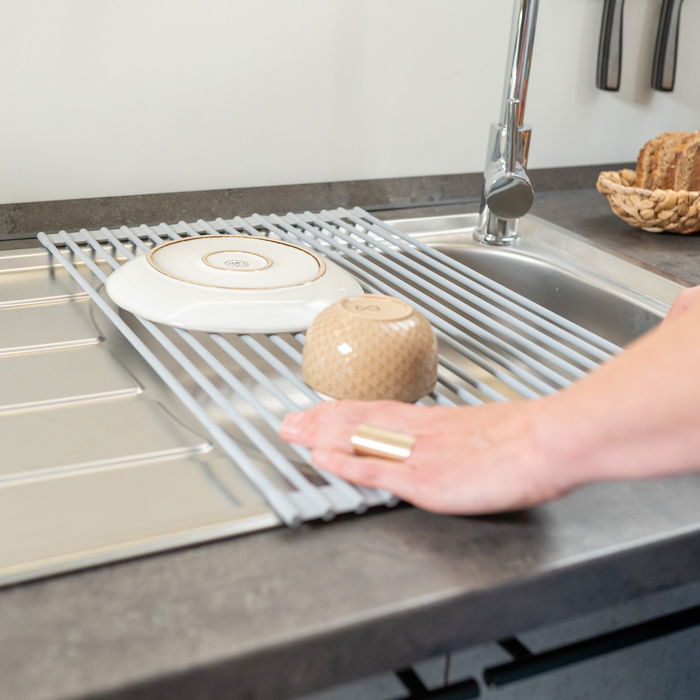 Emuca Egouttoir flexible et enroulable en silicone, acier et plastique, gris