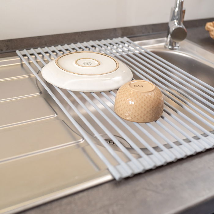 Emuca Egouttoir flexible et enroulable en silicone, acier et plastique, gris