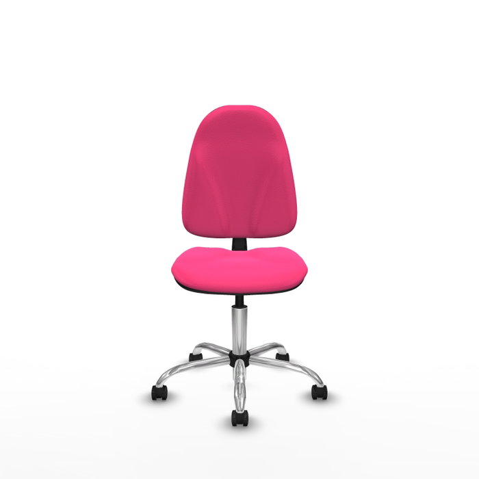 Chaise de bureau Algarra avec mécanisme de contact permanent de base, rembourrée en simili cuir rose. Équipée d'une base chromée, sans accoudoirs et de roulettes autobloquantes.