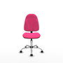 Chaise de bureau Algarra avec mécanisme de contact permanent de base, rembourrée en simili cuir rose. Équipée d'une base chromée, sans accoudoirs et de roulettes autobloquantes.