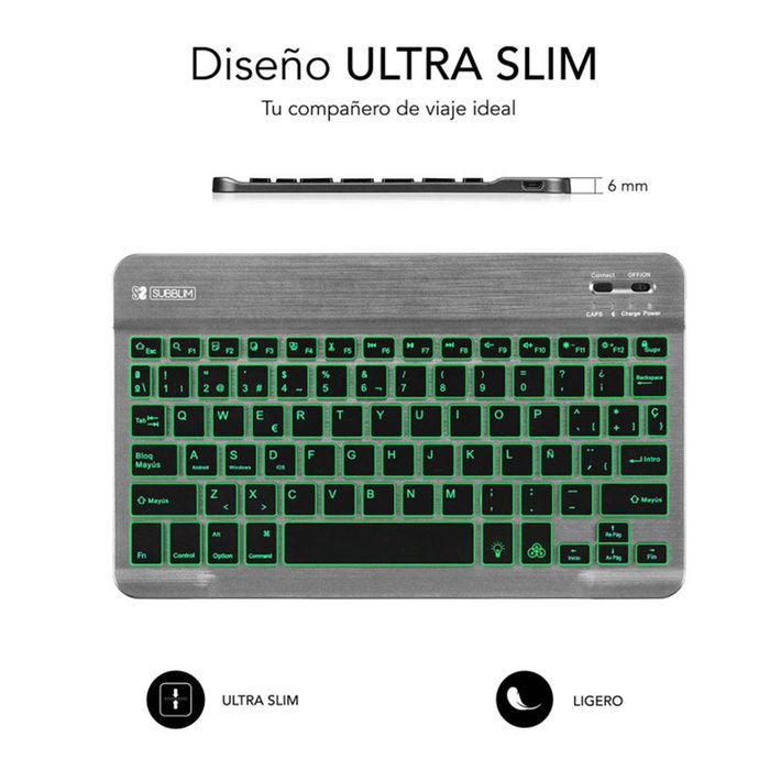 Subblim KBT-SMBL31 - Clavier Bluetooth 3.0 sans fil pour tablette/smartphone/PC, rétroéclairé 7 couleurs, design ultra-fin, QWERTY espagnol Subblim KBT-SMBL31 - Clavier Bluetooth 3.0 sans fil pour tablette/smartphone/PC, rétroéclairé 7 couleurs, design ultra-fin, QWERTY espagnol