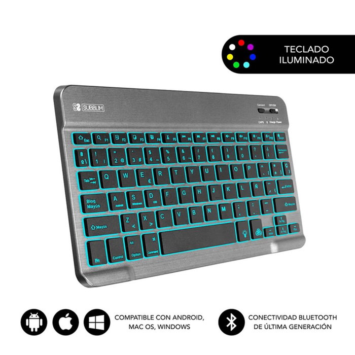 Subblim KBT-SMBL31 - Clavier Bluetooth 3.0 sans fil pour tablette/smartphone/PC, rétroéclairé 7 couleurs, design ultra-fin, QWERTY espagnol Subblim KBT-SMBL31 - Clavier Bluetooth 3.0 sans fil pour tablette/smartphone/PC, rétroéclairé 7 couleurs, design ultra-fin, QWERTY espagnol