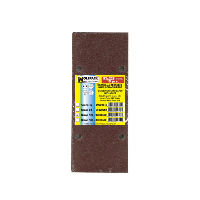 WOLFPACK LINEA PROFESIONAL Lot de 10 feuilles de papier abrasif grain 120 avec trous 93x228 mm