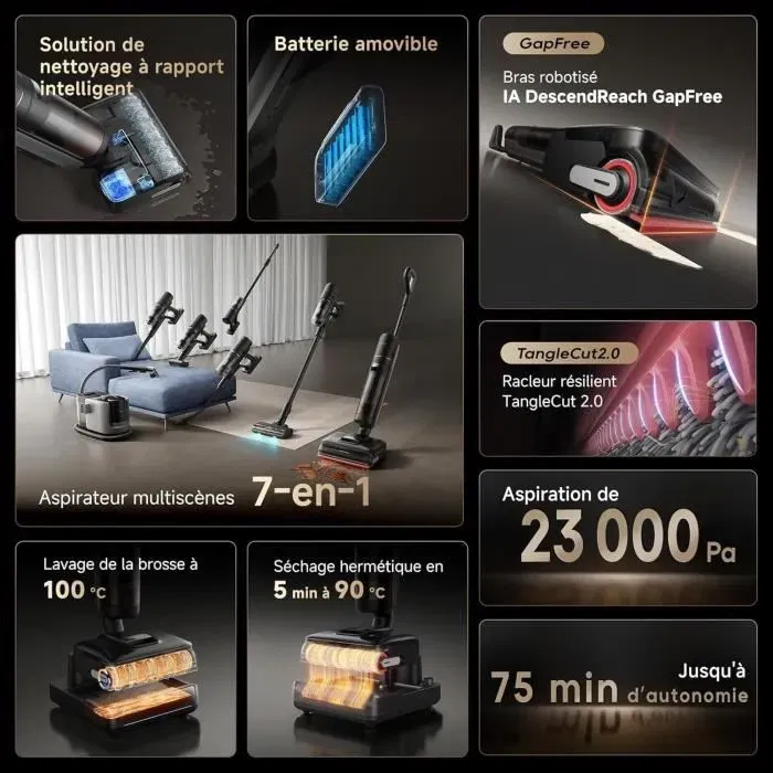 Dreame H15 Mix Aspirateur Balai Laveur Sans Fil 7-en-1 - Aspiration 23000 Pa - Bras Robotique IA - Nettoyage Triple Bordures - Lavage à l'Eau Chaude 100 °C - Autonomie 75 min Dreame H15 Mix Aspirateur Balai Laveur Sans Fil 7-en-1 - Aspiration 23000 Pa - Bras Robotique IA - Nettoyage Triple Bordures - Lavage à l'Eau Chaude 100 °C - Autonomie 75 min