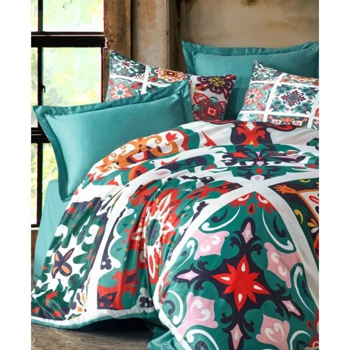 Housse de couette King 240 x 220 cm + 2 taies d'oreiller 60 x 60 cm - Microsatin polyester face / Coton envers - Impression 3D Vert