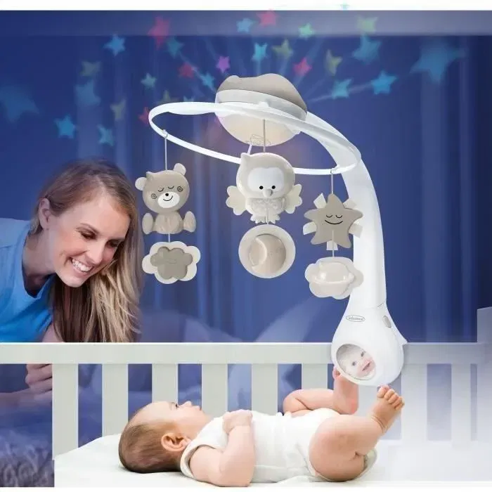 Infantino 4915 - Mobile Musical 3 en 1 Évolutif Douce Nuit avec Veilleuse, Lampe à Poser, Miroir et Réglage Volume - Blanc