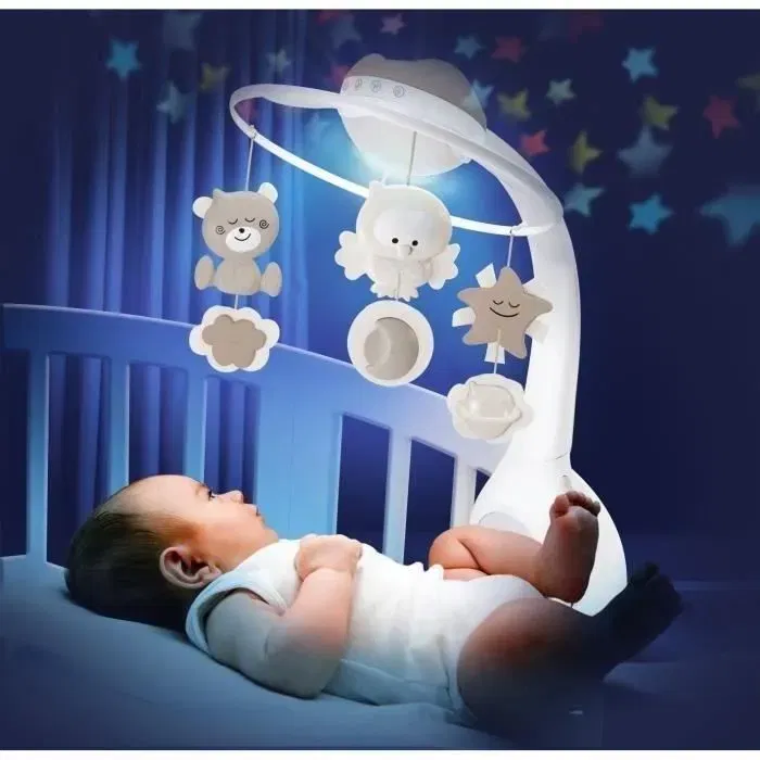 Infantino 4915 - Mobile Musical 3 en 1 Évolutif Douce Nuit avec Veilleuse, Lampe à Poser, Miroir et Réglage Volume - Blanc